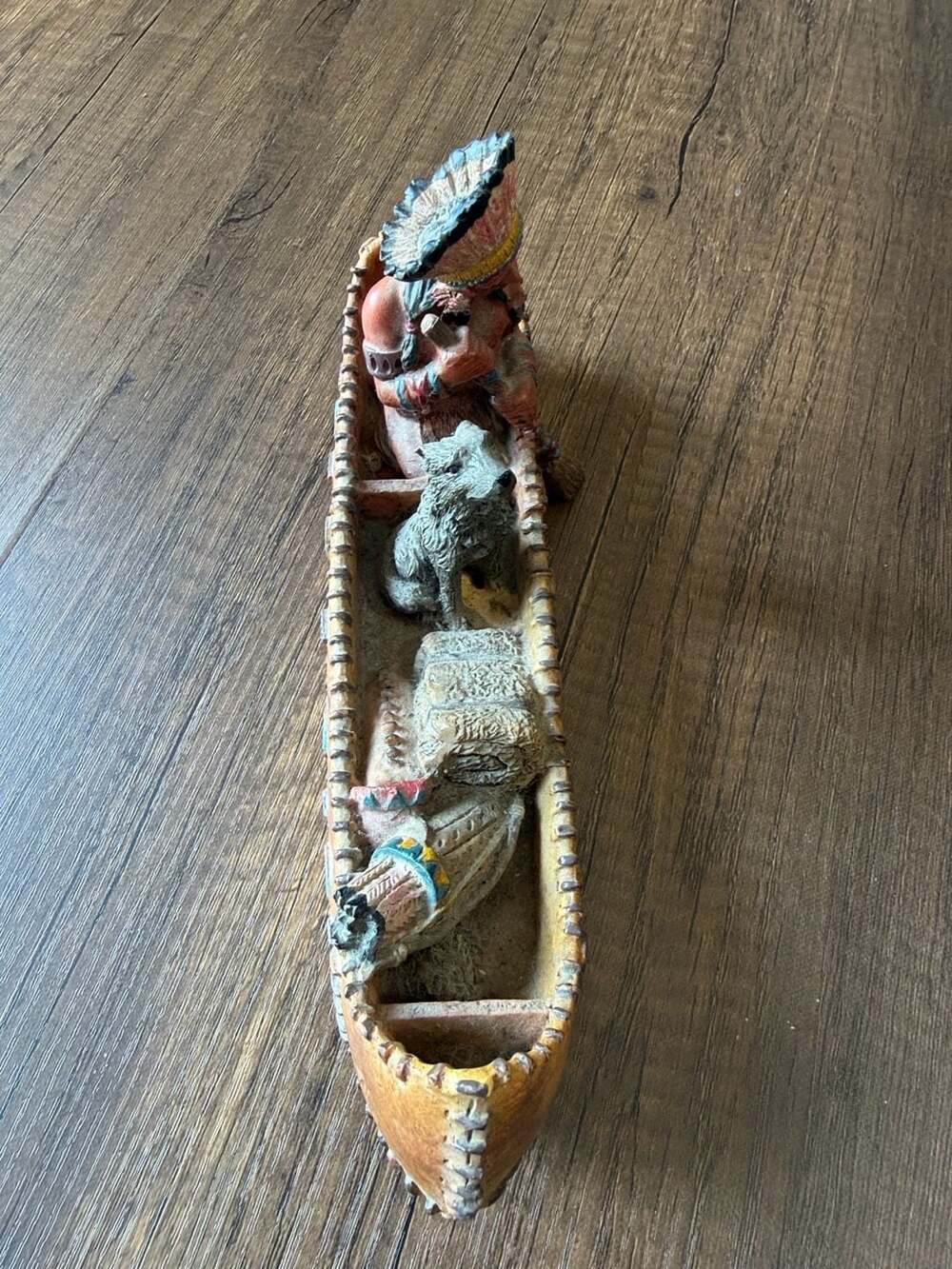 Vintage Native American Indian Figurine Canoe with Wolf and Supplies